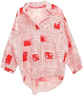GALPADA Women Fashion Newspaper Shirt Red Polyester Lapel Blouse