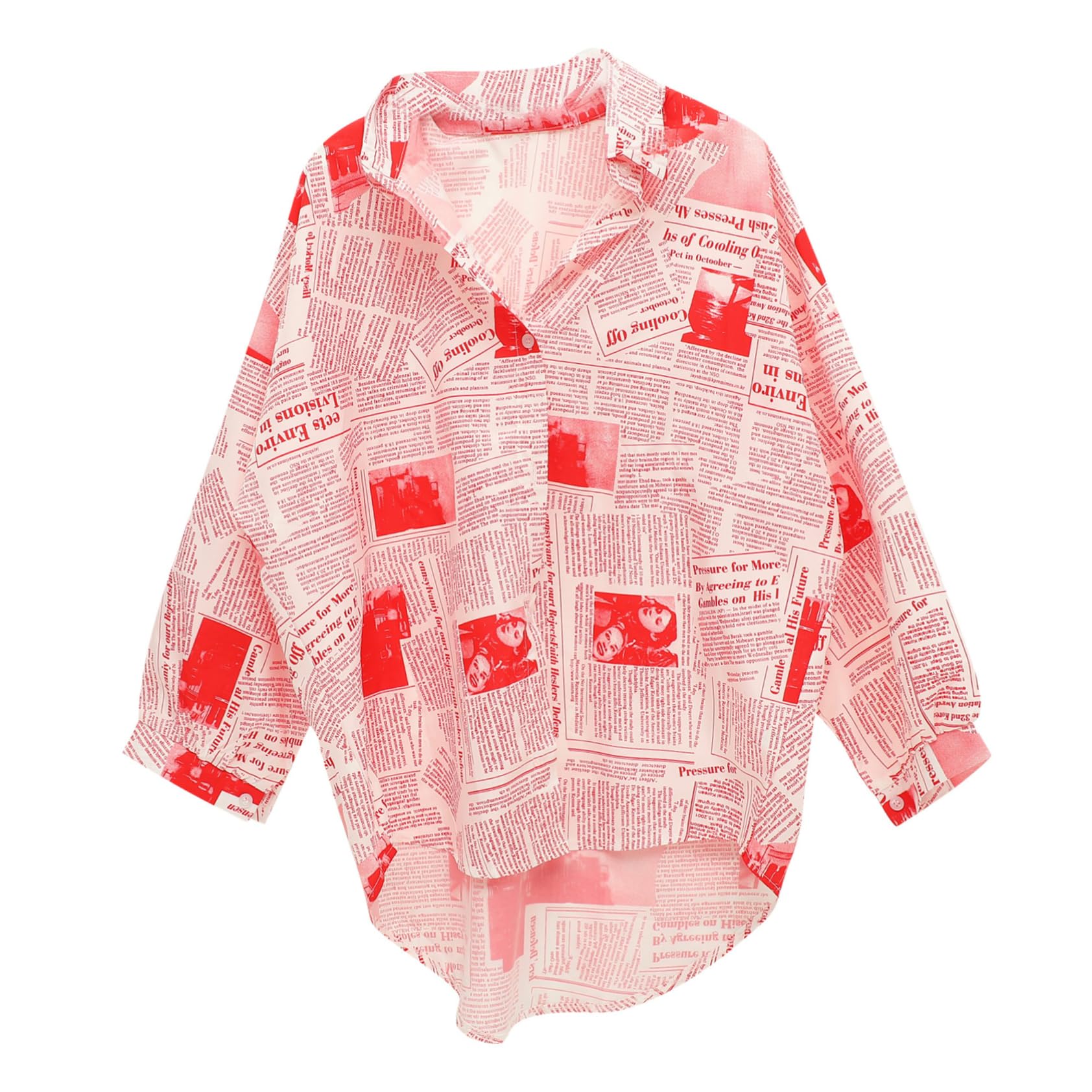 GALPADA Women Fashion Newspaper Shirt Red Polyester Lapel Blouse