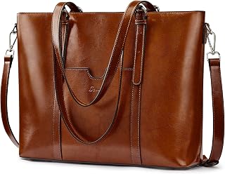 S-ZONE Women Genuine Leather Laptop Tote Bag Office Shoulder Handbags Briefcase 15.6 inch Computer Work Purse