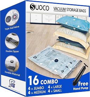 SUOCO Clothes Vacuum Bags with Hand Pump, 4 Jumbo, 4 Large, 4 Medium and 4 Small, Space Saving Bags for Clothes, Duvets, Blankets and Travel