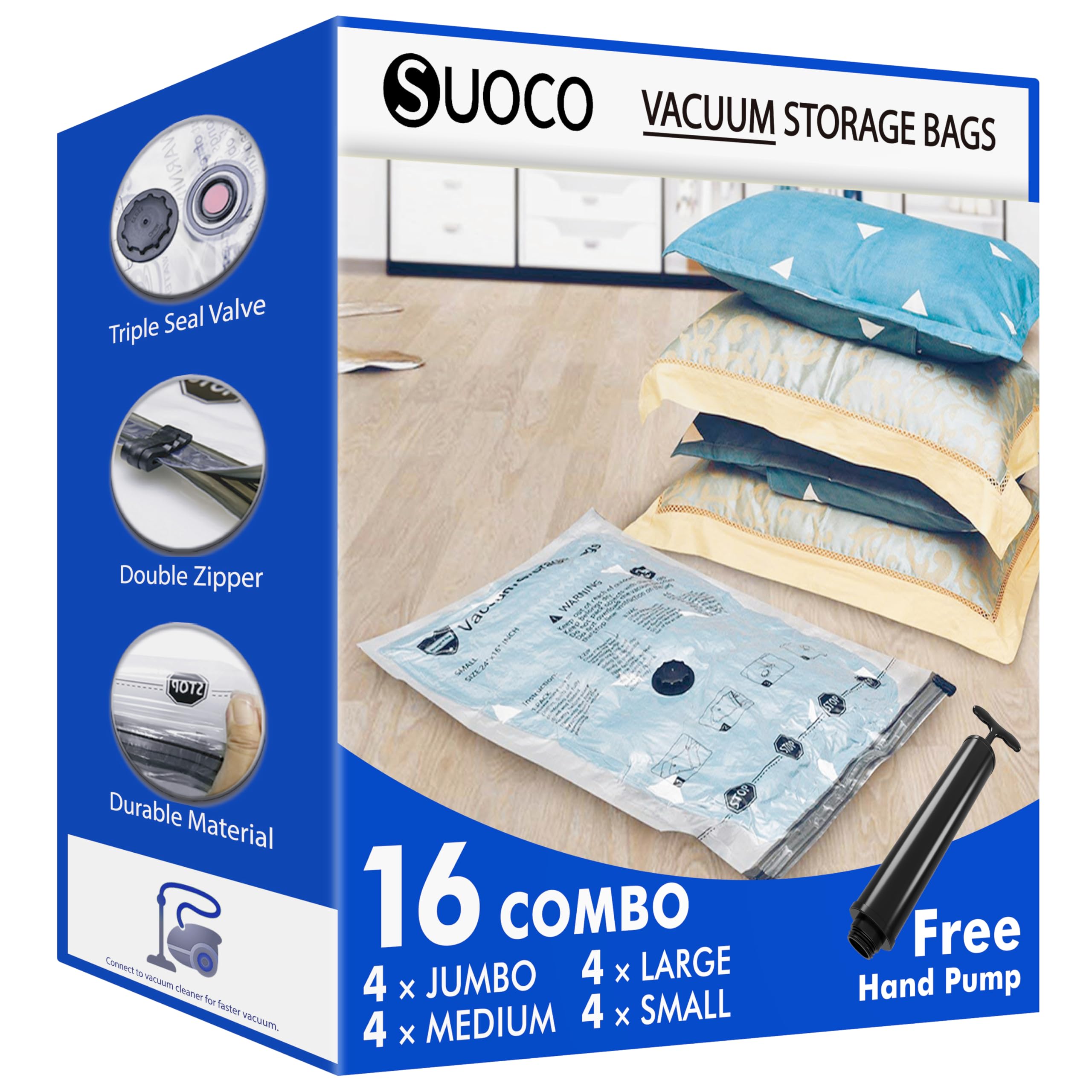 SUOCO Clothes Vacuum Bags with Hand Pump, 4 Jumbo, 4 Large, 4 Medium and 4 Small