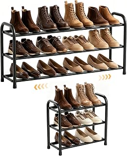 ENJOYBASICS Expandable Shoe Rack, 3 Tier, 17.8 to 32.76 inch,Metal,Black | Maximum Space Efficiency,Superior Quality,Effortless Setup,Adjustable&Versatile,for 4-12 pairs,for Closet,Entryways, Dorm
