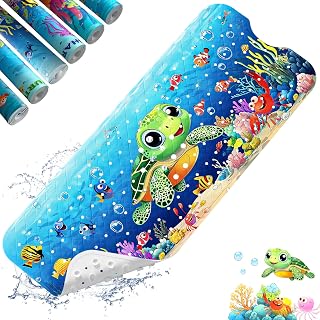 XIYUNTE Baby Bath Mats Non Slip Anti Mould, Cartoon Kids Bath Mat Non Slip, 100x40cm Extra Large Baby Shower Mat Non Slip Bath Mat with Suction Cups & Drain Holes, Machine Washable, Sea Turtle