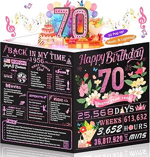 OLOSONG 70th Birthday Card for Women Her, 3D Pop Up Music Birthday Card with Lights, 70 Year Old Women Funny Birthday Decorations, Back in 1956, Rose Gold Gift for Wife Mom Sister Friend