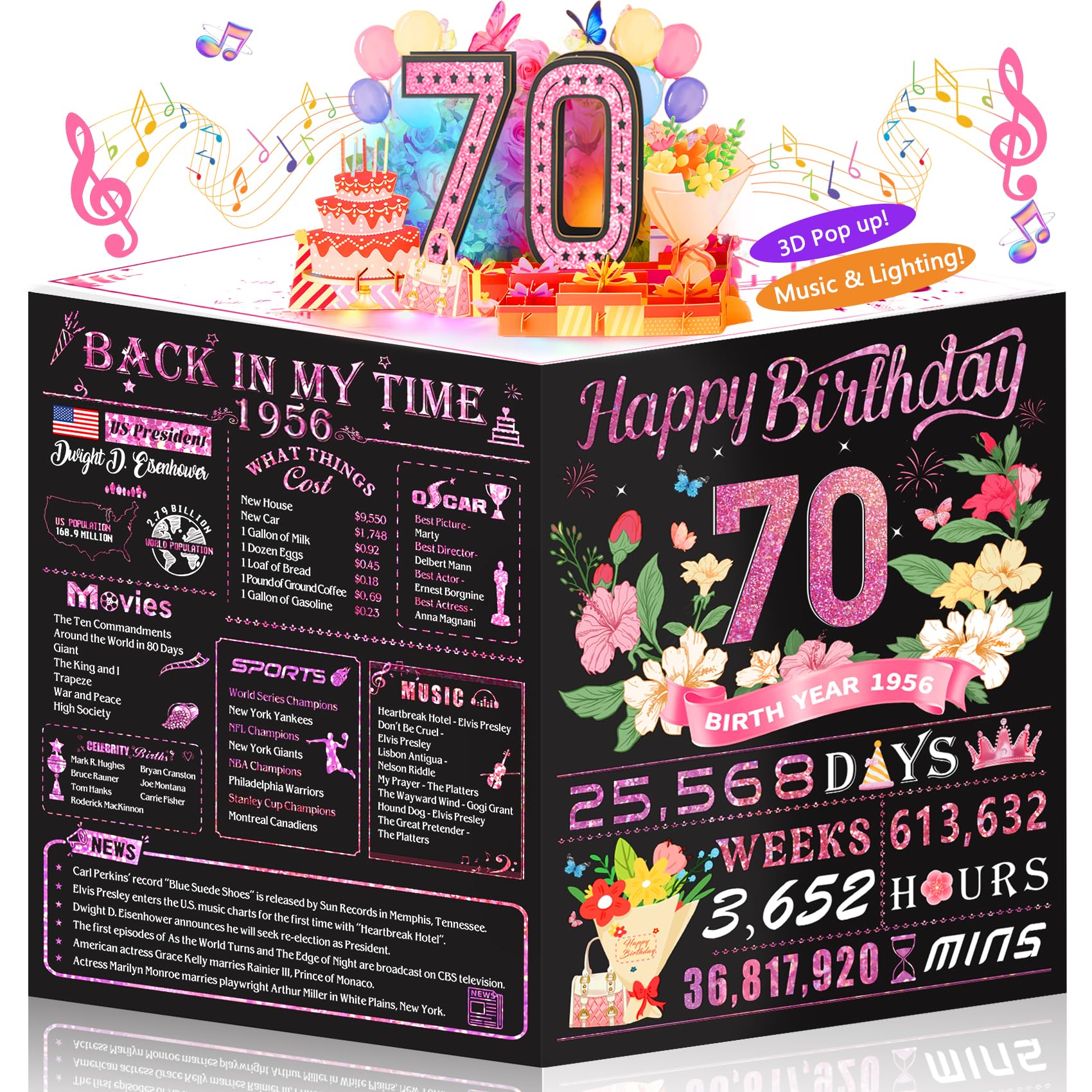 OLOSONG 70th Birthday Card for Women Her, 3D Pop Up Music Birthday Card with Lig