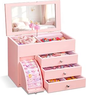 Emfogo Musical Jewelry Box for Girls, 4-Layer Ballerina Music Box with 8-Compartment Storage & 3 Drawers, Solid Wood girls Jewelry Organizer for Birthday Bedroom Decor（Pink）