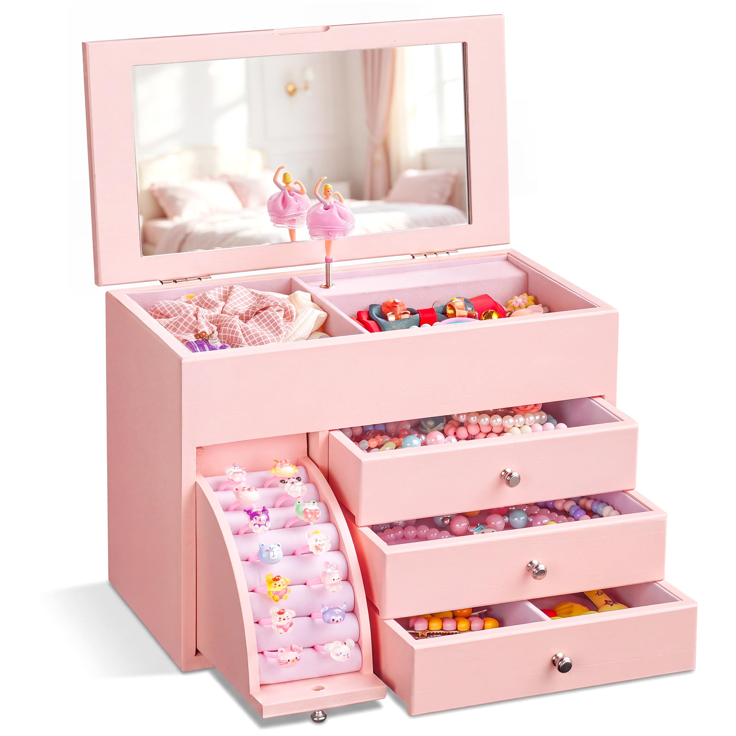 Emfogo Musical Jewelry Box for Girls, 4-Layer Ballerina Music Box with 8-Compart