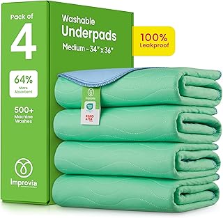 IMPROVIA® Washable Underpads, Heavy Absorbency Reusable Incontinence Pads | for Kids, Adults, Elderly, and Pets, Waterproof Protection Floor - Green & Blue, 34"x36" (Pack of 4)