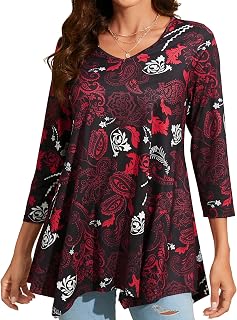 Enmain Women's T-Shirt Tunic V Neck 3/4 Sleeves Tops Long Sleeve Plus Size T-Shirts Women Solid Color Elegant Long Blouse with Printed