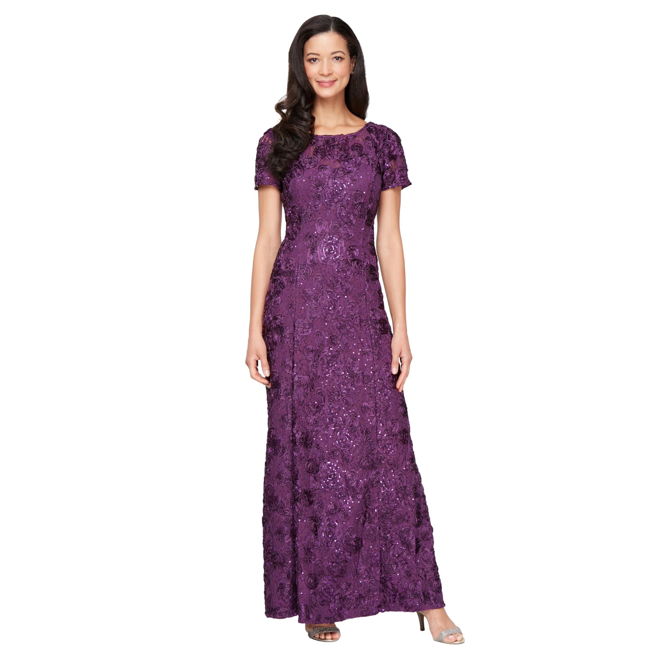 Alex Evenings - Women's Long Short Sleeve Sequin Detail Dress - Purple - 12 Peti