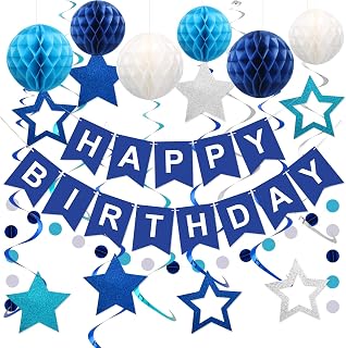 meowtastic Birthday Decorations Happy Birthday Banner with Honeycomb Balls | 16pcs Birthday Set: 1 Banner+6 Honeycomb Balls+8 Star Spirals+1 Circle Dots, Happy Birthday Decor - Blue