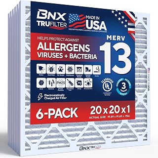 BNX TruFilter 20x20x1 Air Filter MERV 13 Smoke, Allergy, Pet Defense 6-Pack | Actual Size: 19.69 x 19.69 x 0.75, Electrostatic Pleated HVAC AC Furnace Filter Replacement, Made in USA, MPR 1900 & FPR 12