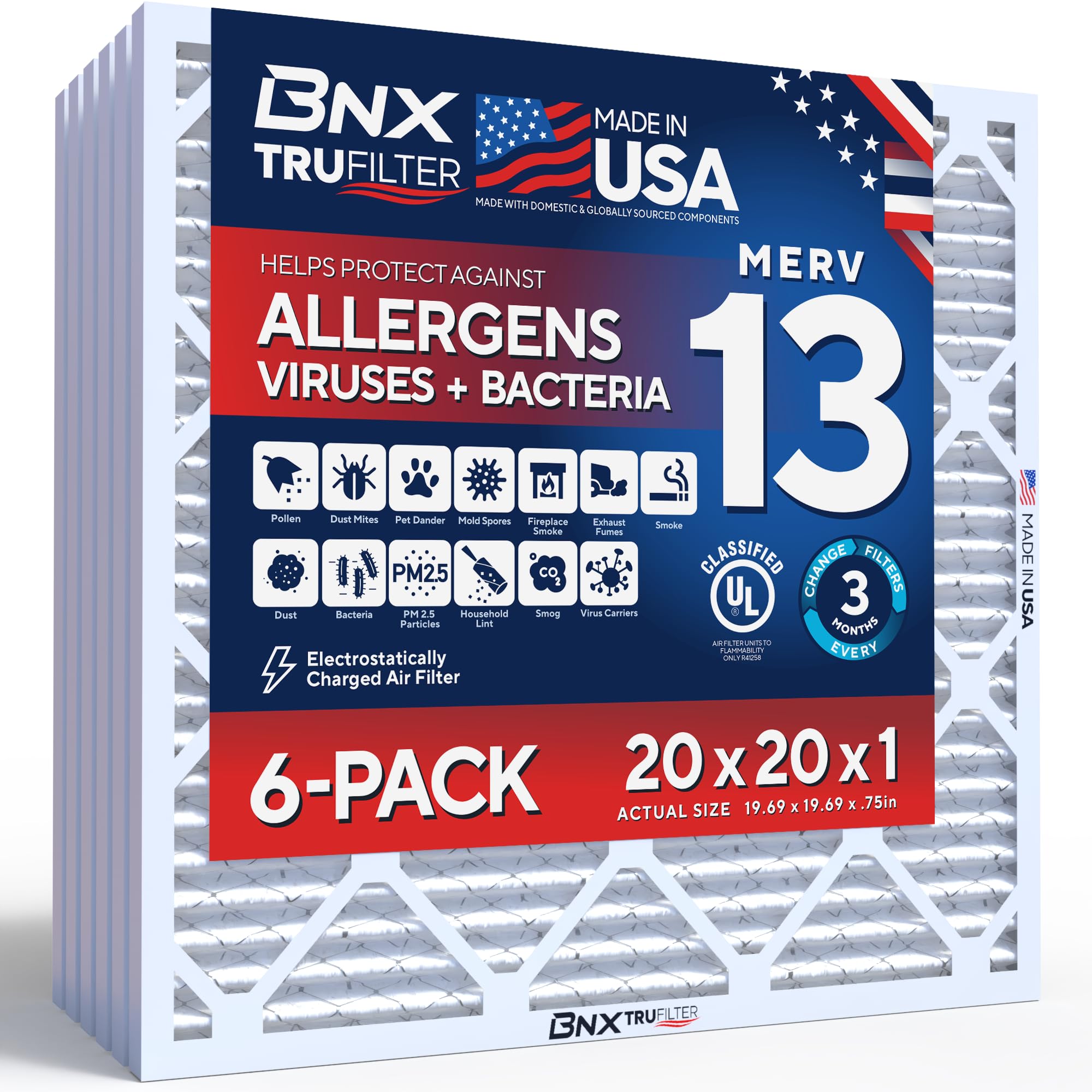 BNX TruFilter 20x20x1 Air Filter MERV 13 Smoke, Allergy, Pet Defense 6-Pack | Ac
