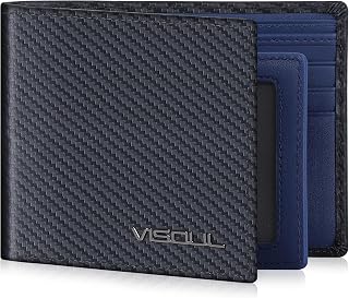 VISOUL Mens Bifold Wallet with 2 ID Windows Carbon Fiber Leather, RFID Blocking Multi Card Holder Wallet with 2 Money Compartments, Stylish Two-Tone Back Pocket Wallet for Men (Black+Blue)
