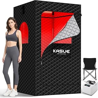 KASUE Infrared Sauna Tent with 3L Steamer, for Home | 9 Heat Levels, 99-Min Timer, Remote Control, 5-Layer Waterproof Insulated Fabric and Folding Chair