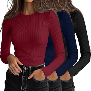 Ficerd - Pack of 3 Women's Long Sleeve T-Shirts Slim Fit Round Neck Casual Ribbed Knit Tops