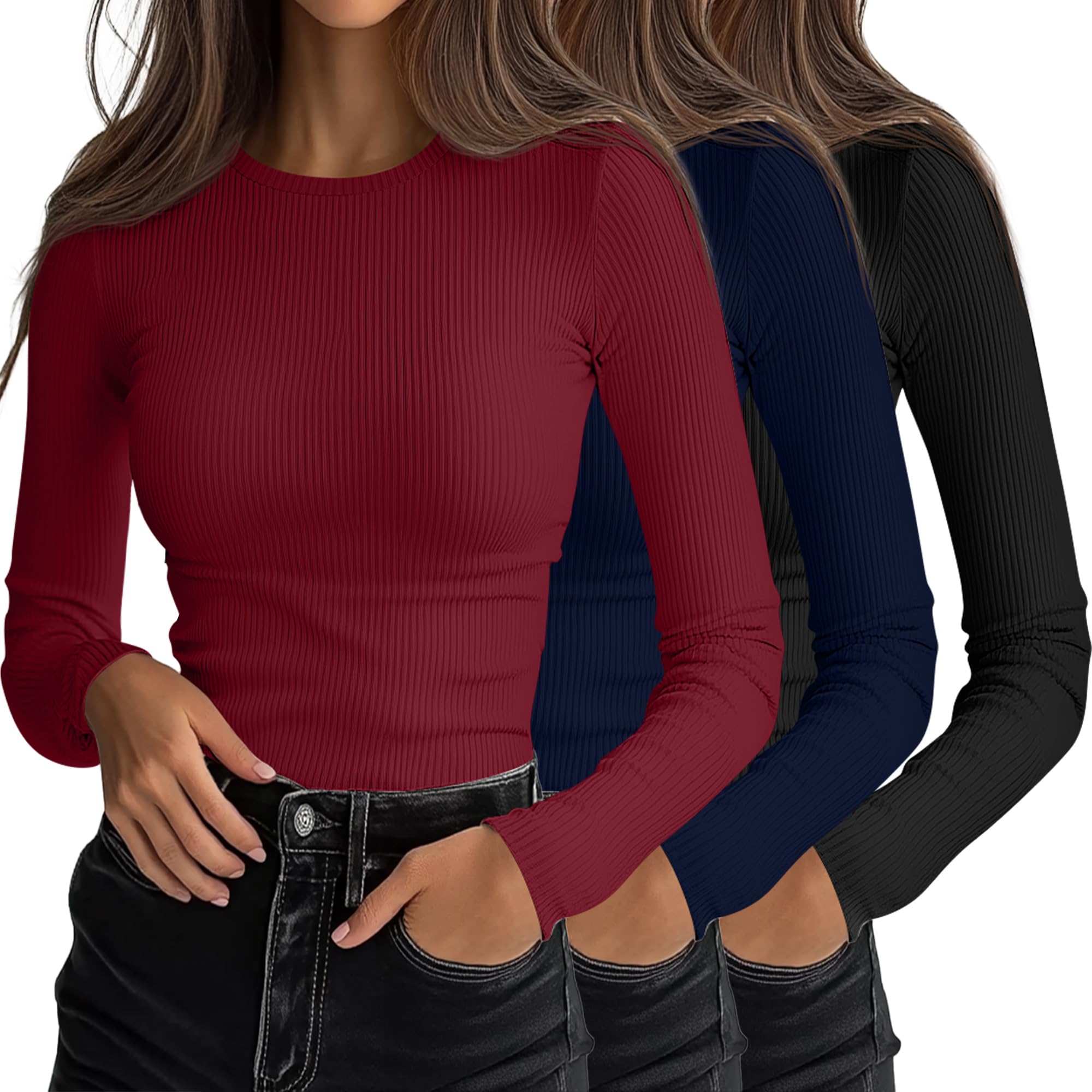 Ficerd - Pack of 3 Women's Long Sleeve T-Shirts Slim Fit Round Neck Casual Ribbe