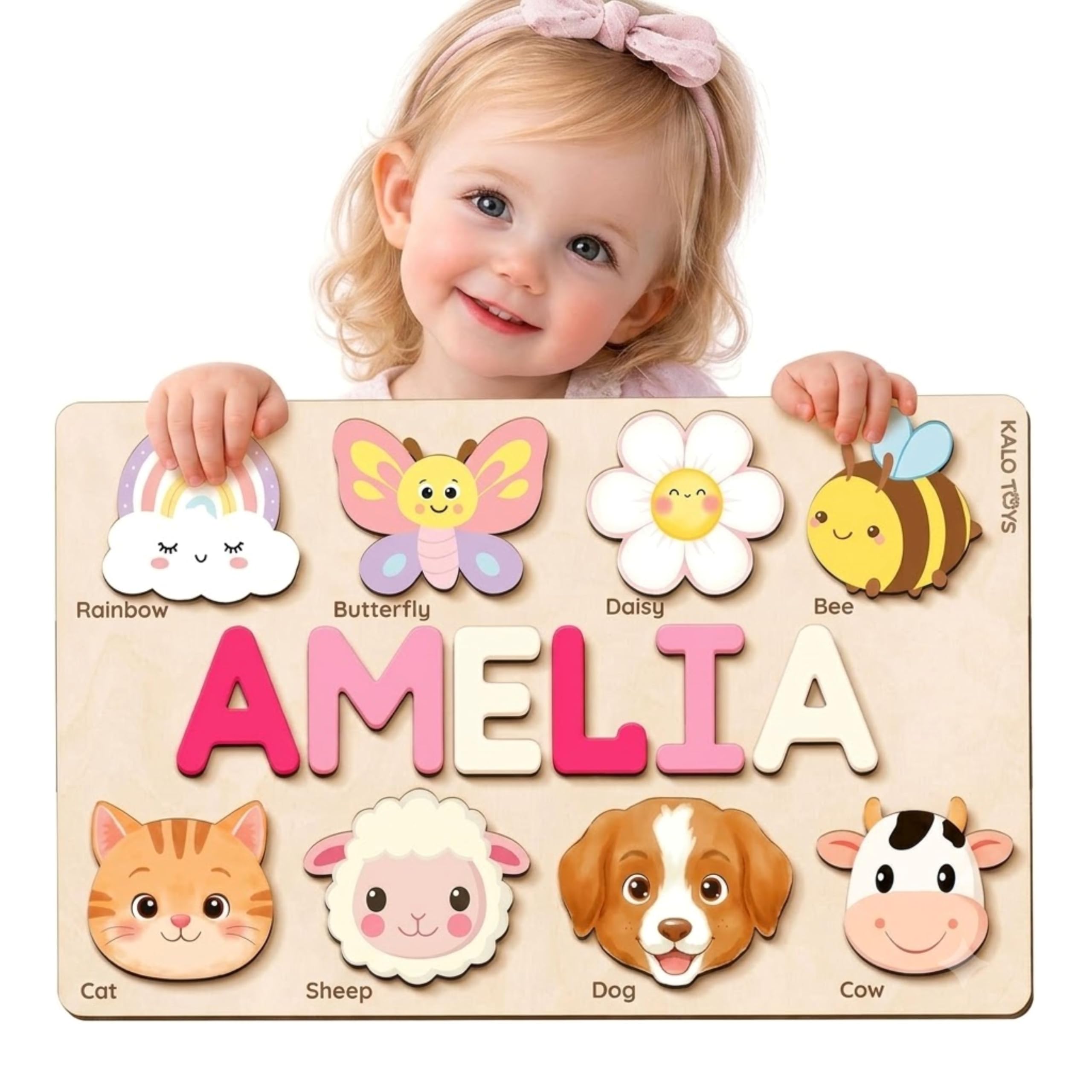 KALOTOYS Personalized Name Puzzle for Toddlers 1-3 | Custom Wooden Animal & Vehi