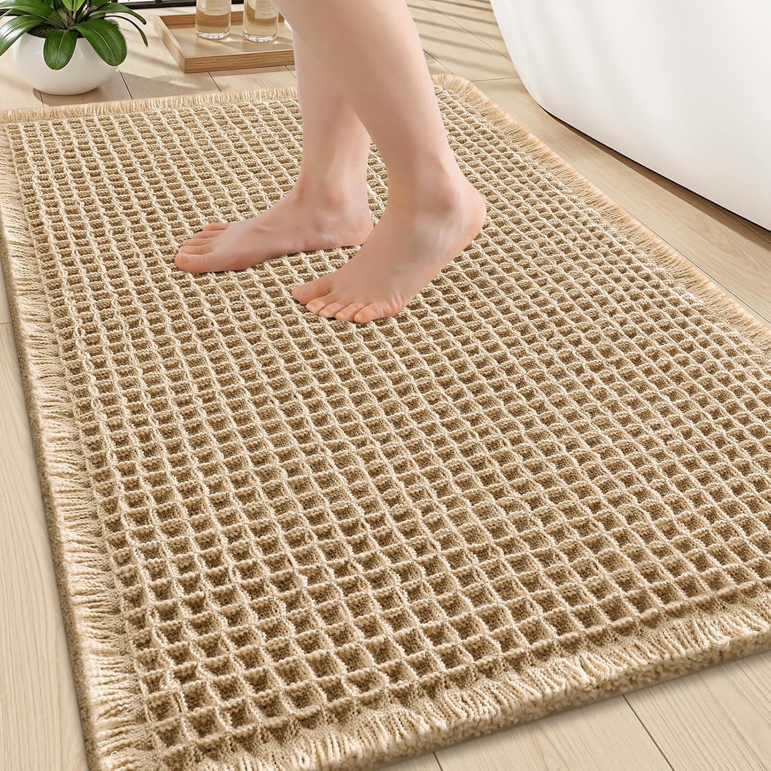 Smiry Waffle Bath Mat 30X20, Extra Soft Absorbent Bathroom Rugs, Brown | Non Sli