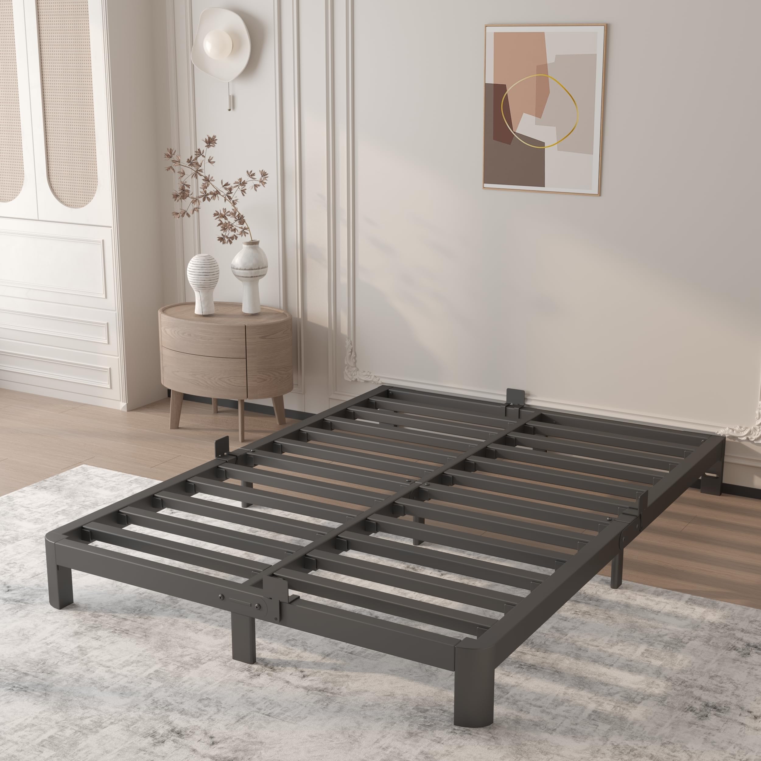 6 Inch Queen Bed Frame with Metal Baffles, Heavy Duty Steel Platform Bed Frame Q