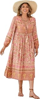 R.Vivimos Women’s Casual Tie-Neck Long-Sleeved Beach with Bohemian Print, Long Stylish Midi Dress, Holiday Dress