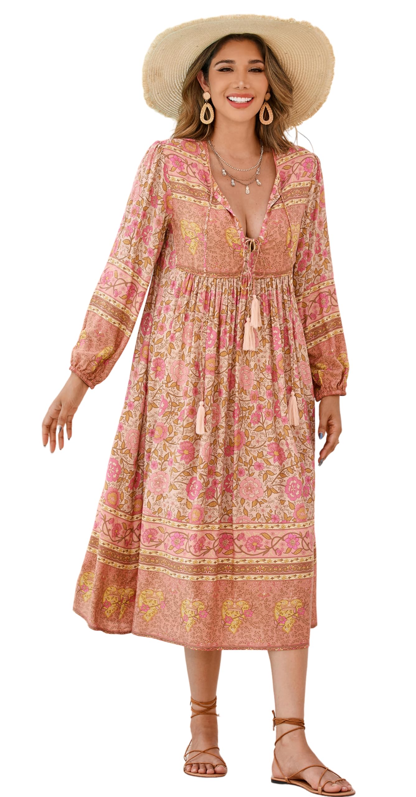 R.Vivimos Women’s Casual Tie-Neck Long-Sleeved Beach with Bohemian Print, Long S