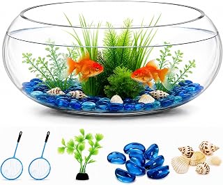 Jucoan 0.9 Gallon Glass Fish Bowl with Decor, 8 Inch Wide Mouth Clear Round Bubble Glass Bowl for Aquatic Plants, Hydroponics, Betta Fish with Blue Aquarium Stones and Plastic Tree Ornament