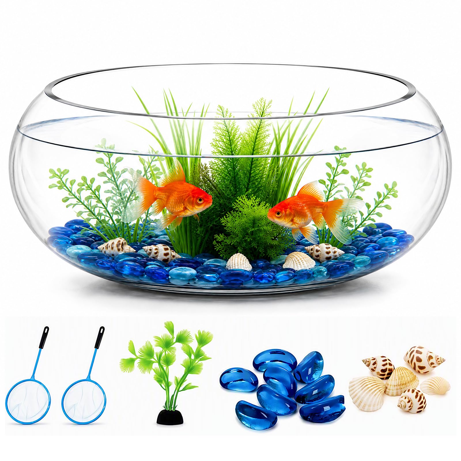 Jucoan 0.9 Gallon Glass Fish Bowl with Decor, 8 Inch Wide Mouth Clear Round Bubb