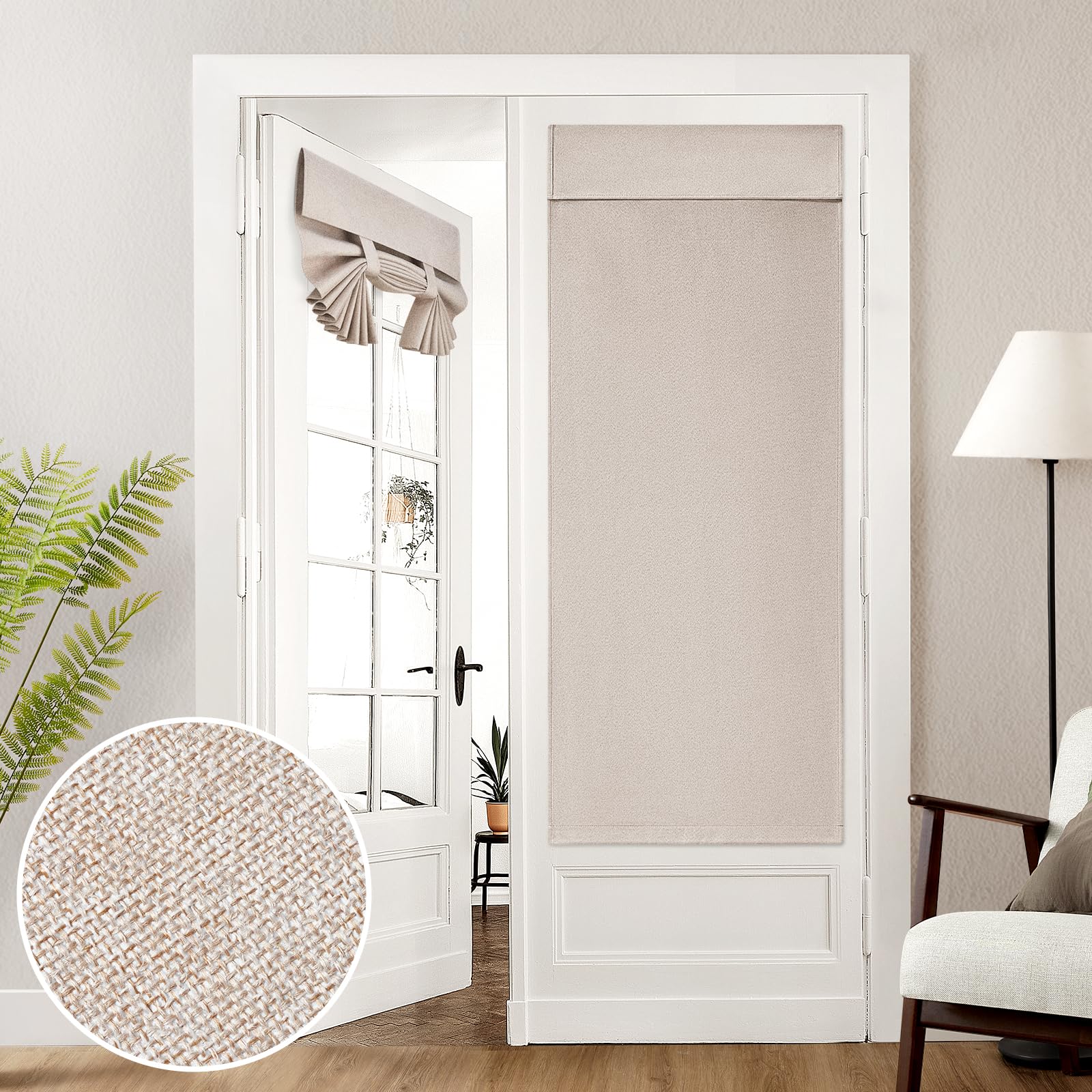 HOMEIDEAS 100% Natural Linen Blackout French Door Curtains, Privacy Door Window 