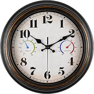 Outdoor Clock Thermometer Combo - Retro Silent Wall Clocks, 12Inch Large Indoor Outdoor Clock with Temperature and Humidity，Battery Operated Non Ticking Classic Vintage Clocks Wall Decorative