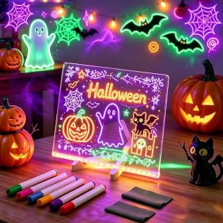 Acrylic Dry Erase Board with Light, Halloween Glowing Acrylics Message Marker Board, Acrylic LED Note Board with Adjustable Stand and 7 Color Pens for Room,Store,Office,Festival,Gift (15 * 15cm)