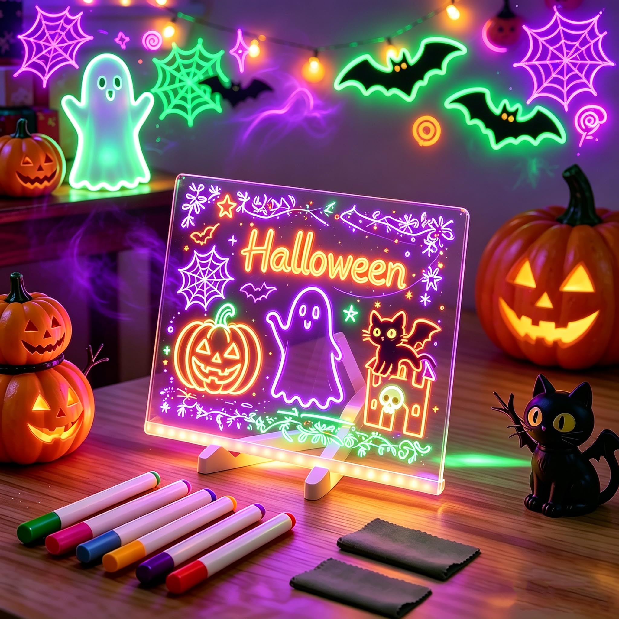 Acrylic Dry Erase Board with Light, Halloween Glowing Acrylics Message Marker Bo