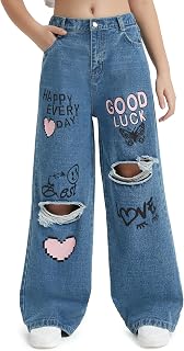 EXARUS Girls Jeans Wide Leg Baggy Pants Ripped Denim Teen 6-16Y