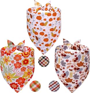 Lot de 3 bandanas d'automne pour chien - 6 motifs - Écharpe de Thanksgiving pour garçon et fille - Feuilles de citrouille, fleurs - Bavoirs réversibles pour chiots et animaux de compagnie