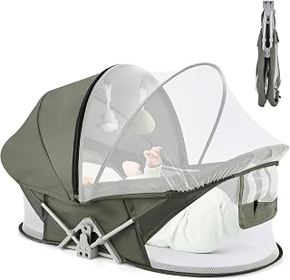 ISELECTOR Bedside Bassinet for Baby, Portable Baby Bassinet Travel Bed with Mosquito Net &amp; Sunshade, Lightweight Foldable Baby Crib with Easy-Clean Fabric for Home &amp; Outdoor