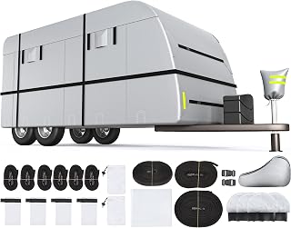 DNYKER 20'-22' Travel Trailer RV Cover, 300D Windproof Rip-Resistant Anti-UV Travel Trailer Camper Cover with Jack Cover Storage Bag Repair Patches and Tire Covers