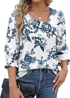 Funlingo Damen-Oberteil, 3/4-Ärmel, asymmetrisch, quadratischer Ausschnitt, elegant, lässig, für Business, Arbeit, Hemden mit gesmokten Bündchen