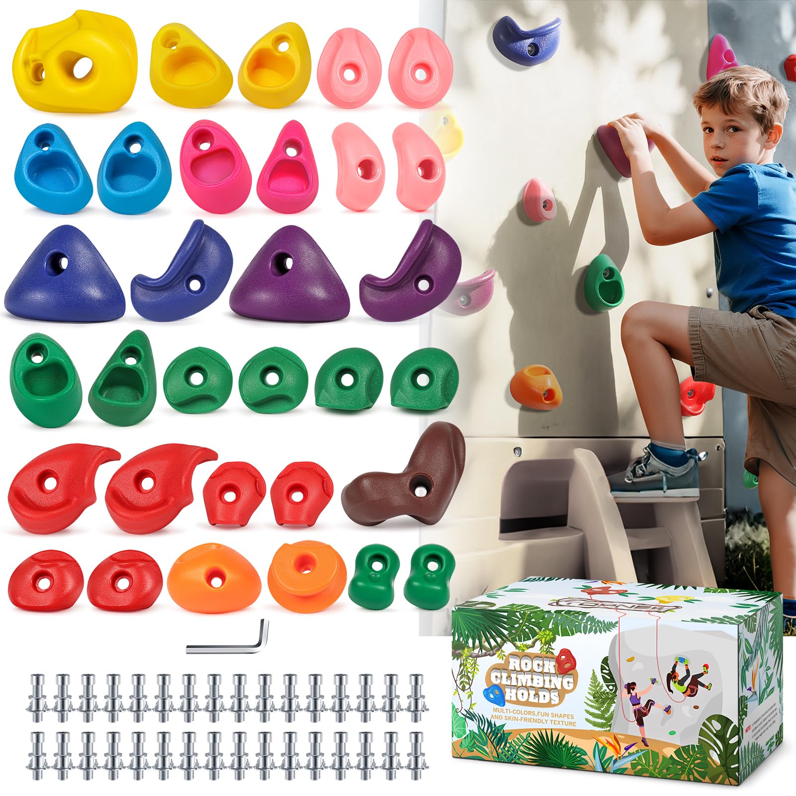 32Pcs Rock Climbing Holds for Kids, Climbing Wall Grips for Playground | Hold Up