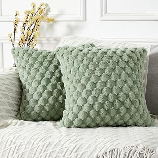 Yaertun Pack of 2 Super Soft Cozy Decorative Throw Pillow Covers Fuzzy Plush Faux Fur Luxury Cushion Cover Pillowcase for Sofa Couch Bed Livingroom 16x16 Inch 40x40cm Sage Green
