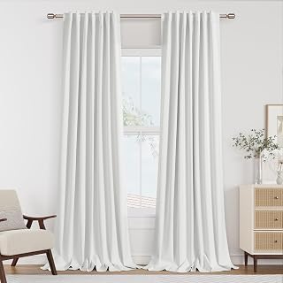 Guken Off White Blackout Curtains 96 Inch Long 2 Panel Set for Living Room Bedroom Back Tab 100% Thermal Insulated Blackout Linen Drape Room Darkening Window Curtains 96 Inch Long