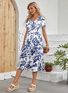 Summer Dress Women Short Sleeve Round Neck Pleated A-Line Fashion Casual Flowy Dresses with Pockets