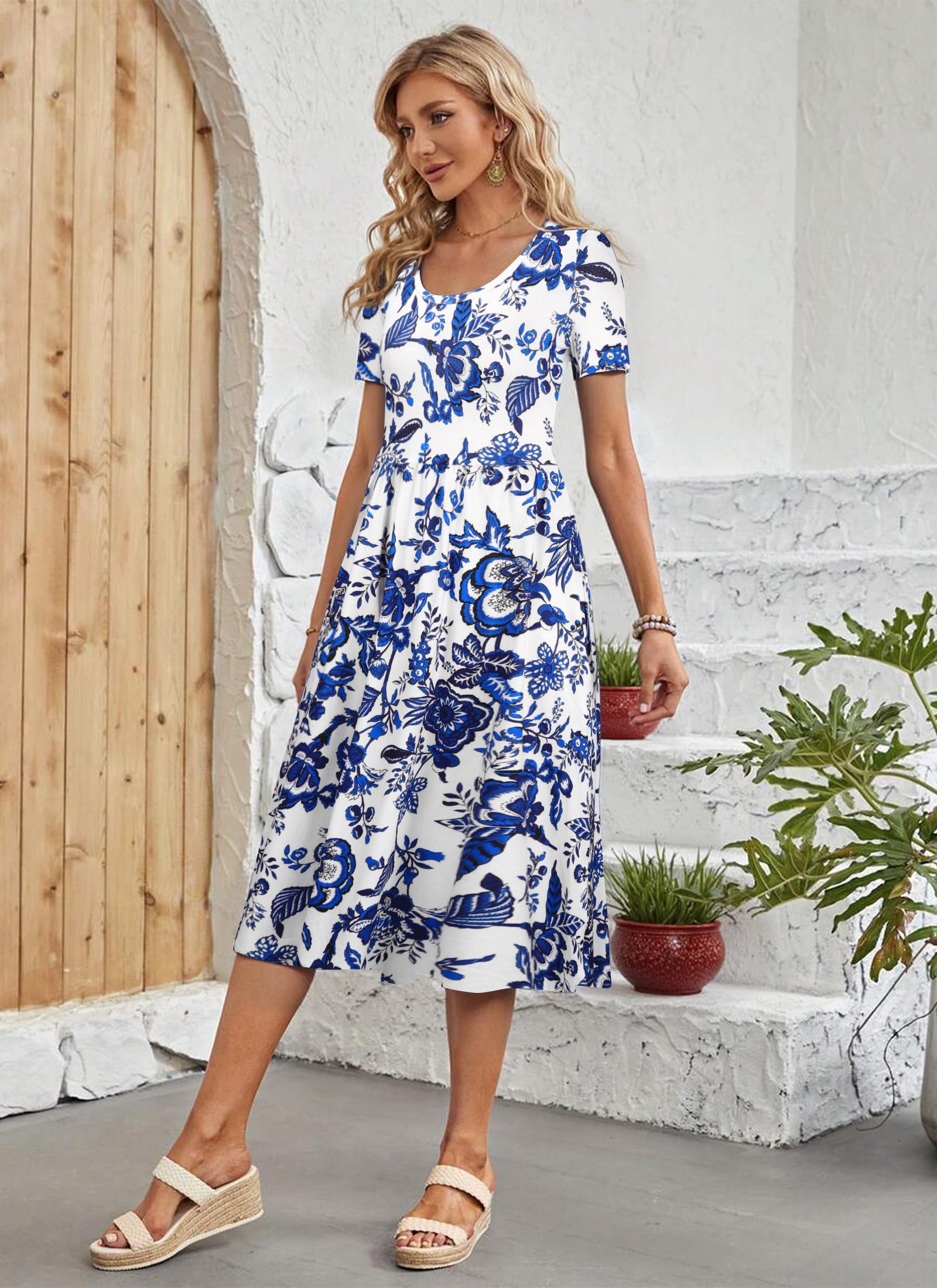 Summer Dress Women Short Sleeve Round Neck Pleated A-Line Fashion Casual Flowy D