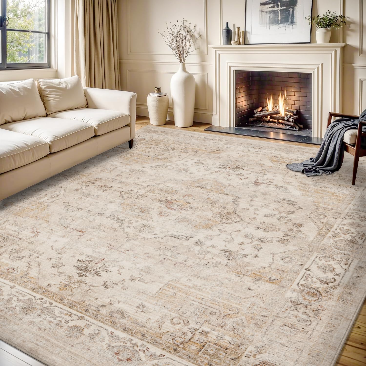MontVoo-Area Rug 5X7 Rugs for Living Room-Beige Machine Washable Rug-Soft Living
