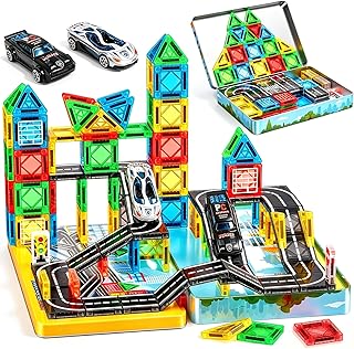 Luckades 58pcs Magnetic Tiles Road Travel Toys for Kids Ages 3-8, STEM Building Blocks with 2 Cars City Road Construction Toys for Toddlers Sensory Educational Gift for 3 4 5 6 7 8 Year Old Boy Girl