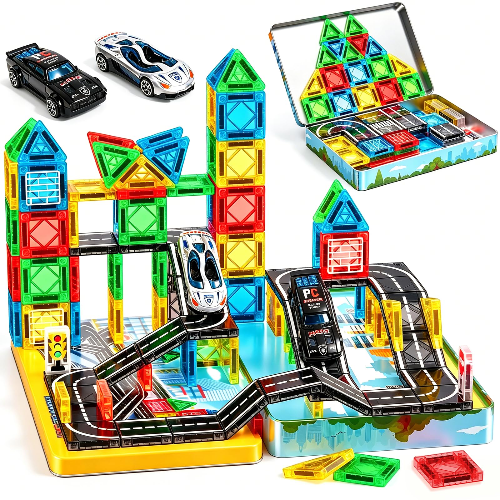 Luckades 58pcs Magnetic Tiles Road Travel Toys for Kids Ages 3-8, STEM Building 