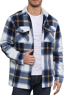 Men's Flannel Jacket Fleece Lined Casual Button Up Plaid Jacket Long Sleeve Sherpa Shacket with Pockets