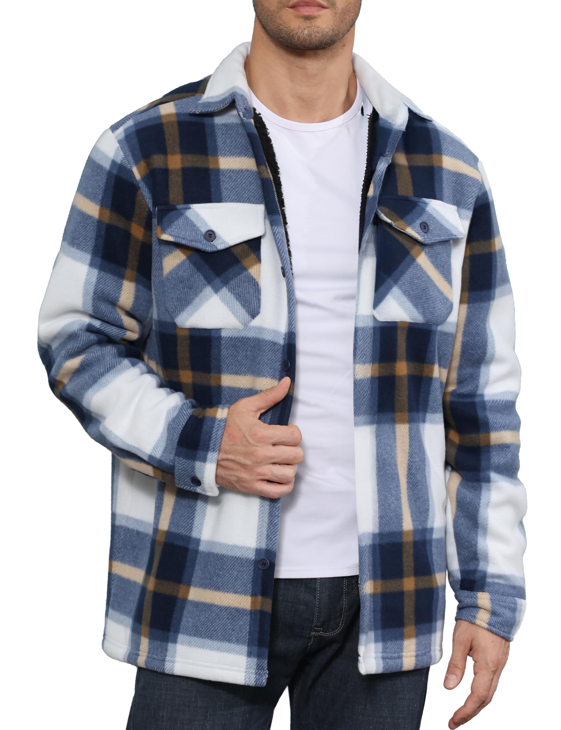 Men's Flannel Jacket Fleece Lined Casual Button Up Plaid Jacket Long Sleeve Sher
