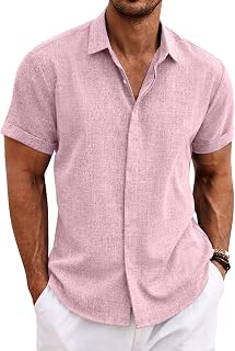 COOFANDY Men's Linen Shirt Short Sleeve Button Down Regular Fit Casual Shirts Summer Beach Linen Shirt