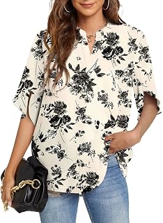 Funlingo Women's Summer Tops Short Sleeve Casual Shirts V Neck Chiffon Dressy Blouse Tops