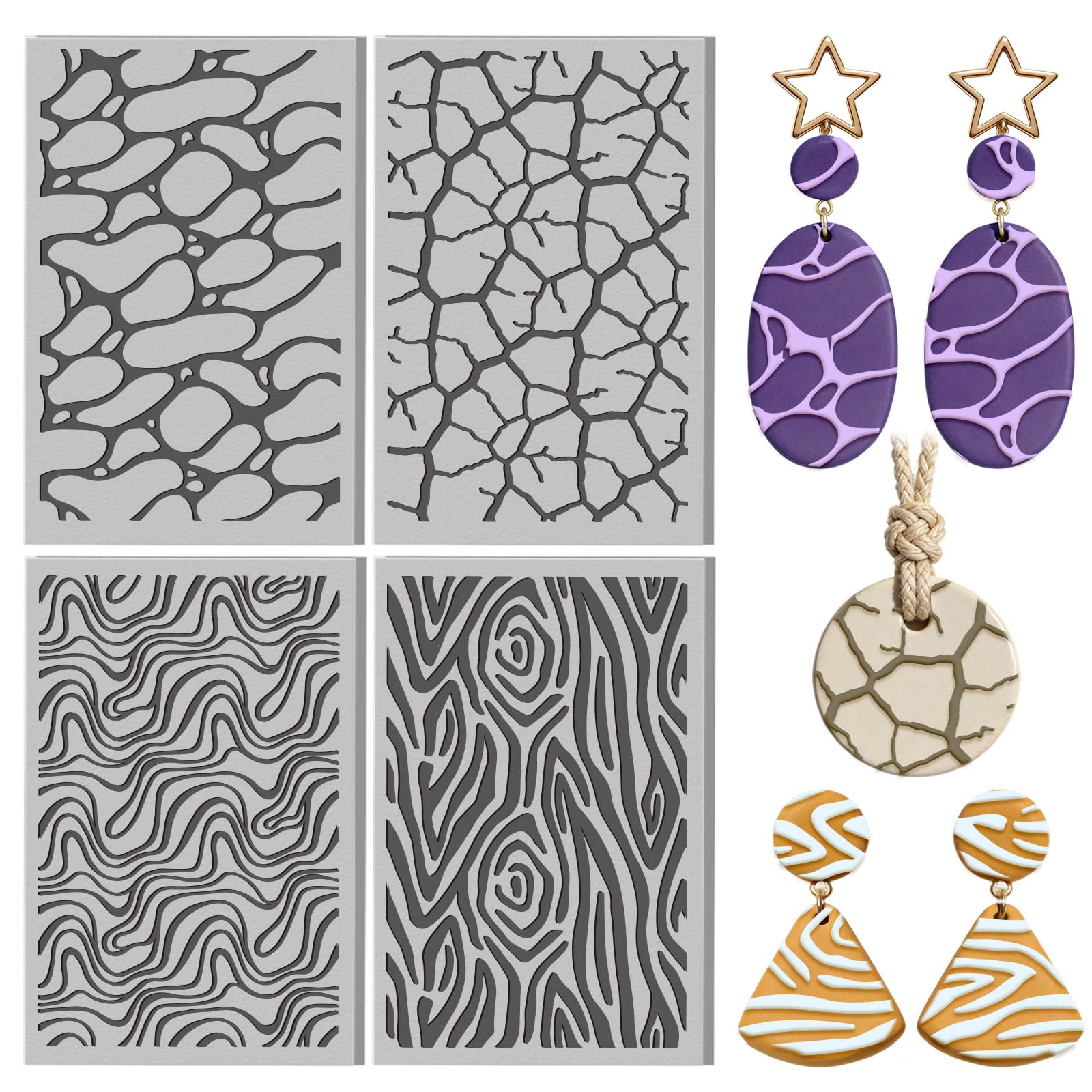 CONCHLERY 4 Pcs Natural Textures Patterns Polymer Clay Texture Sheet Water Rippl
